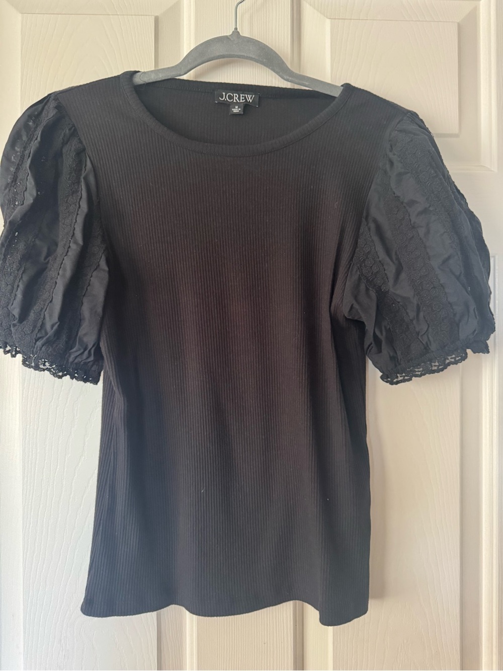 J. Crew Black Puff Sleeve Ribbed Top